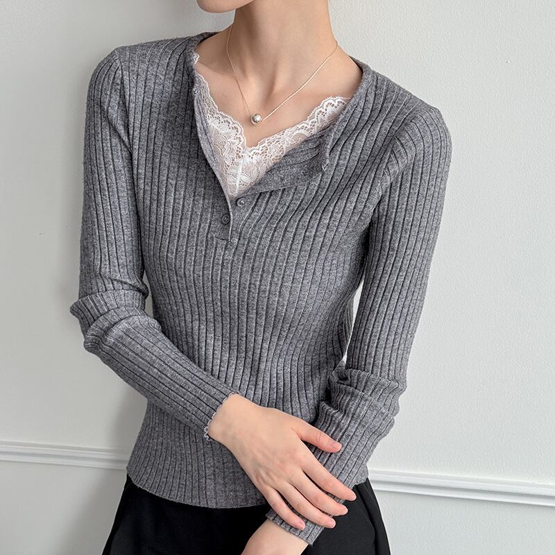 【tops】レースドッキングニットトップス Q6969