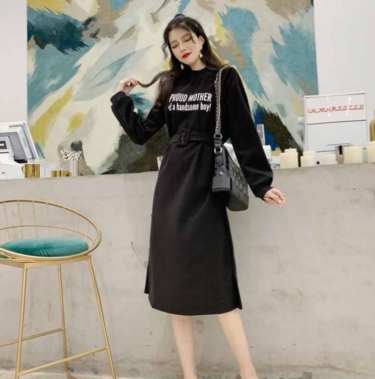 【dress】韓流スタイル好感度UP!気質満点ラウンドネック長袖パーカーワンピース G2001