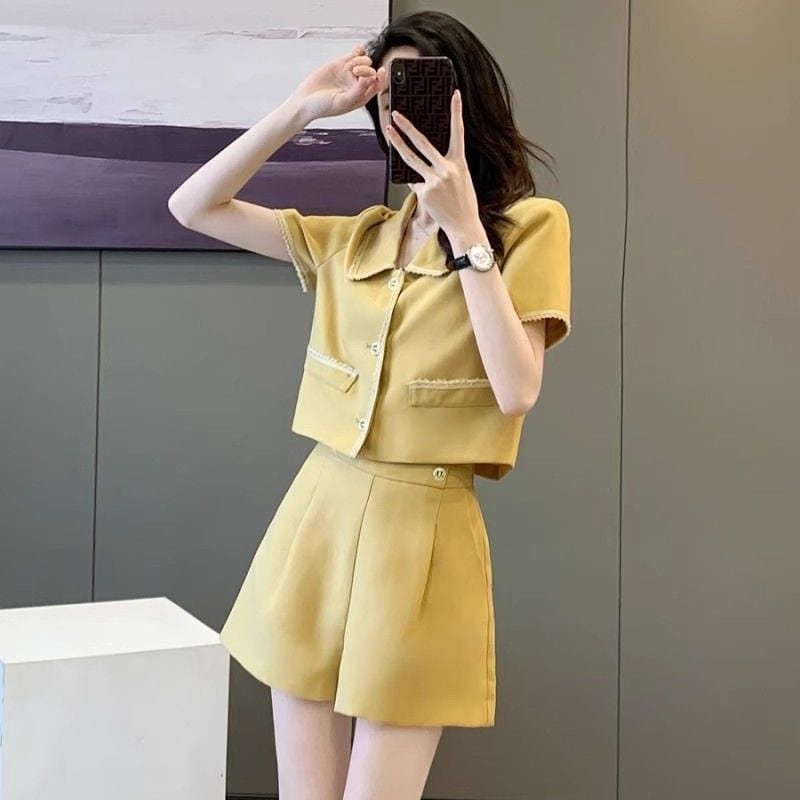 【set】POLOネックトップス+ショートパンツ2点セットF7484