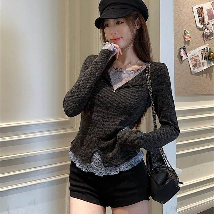 【【tops】レースドッキングニットトップス　M28831