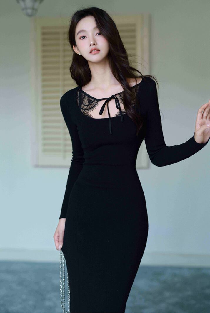 【dress】スクエアネックニットワンピース Q7047