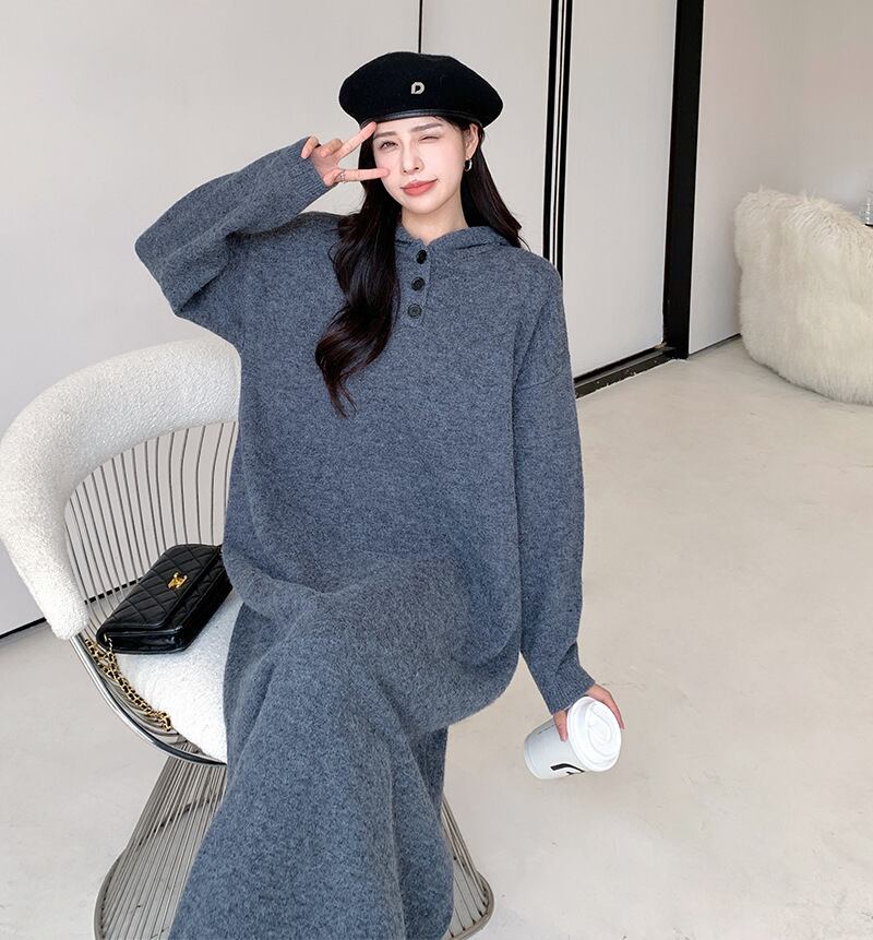 【dress】フード付きロングニットワンピース　N2186