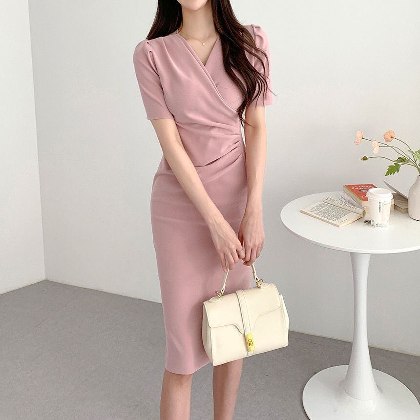 【dress】韓流スタイルchic気質満点Vネックパフスリーブ不規則スリットワンピース G12993