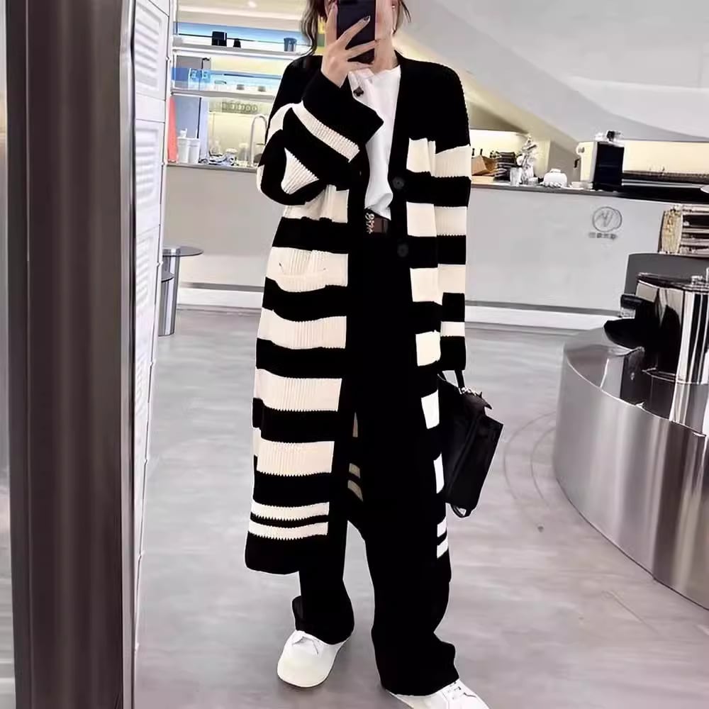 【outer】ボーダー柄ロング丈ニットカーデ　M25902