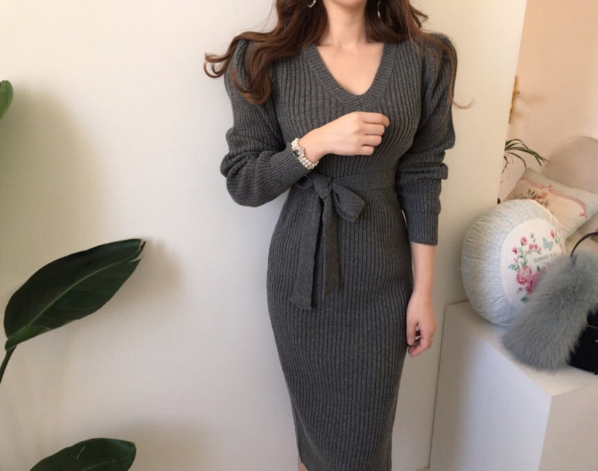 【dress】Vネックスリットタイトニットワンピース G16693