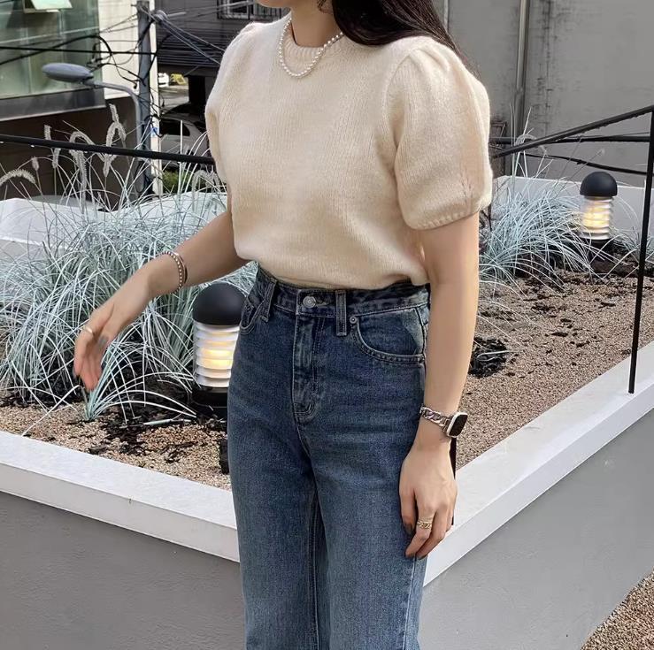 【tops】半袖パフ袖ニットＴシャツF7427