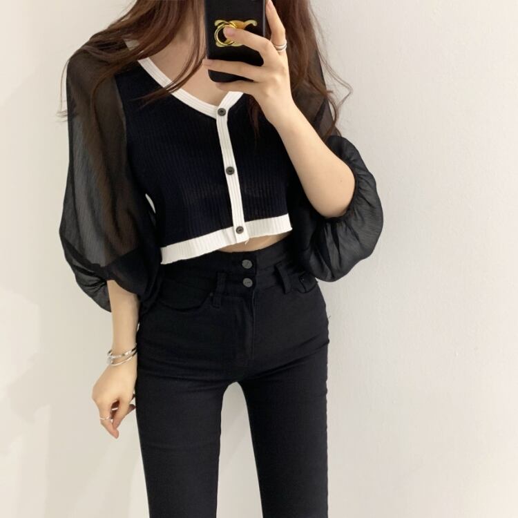 【tops】Vネック ランタンスリーブ切り替えトップスニット G15684