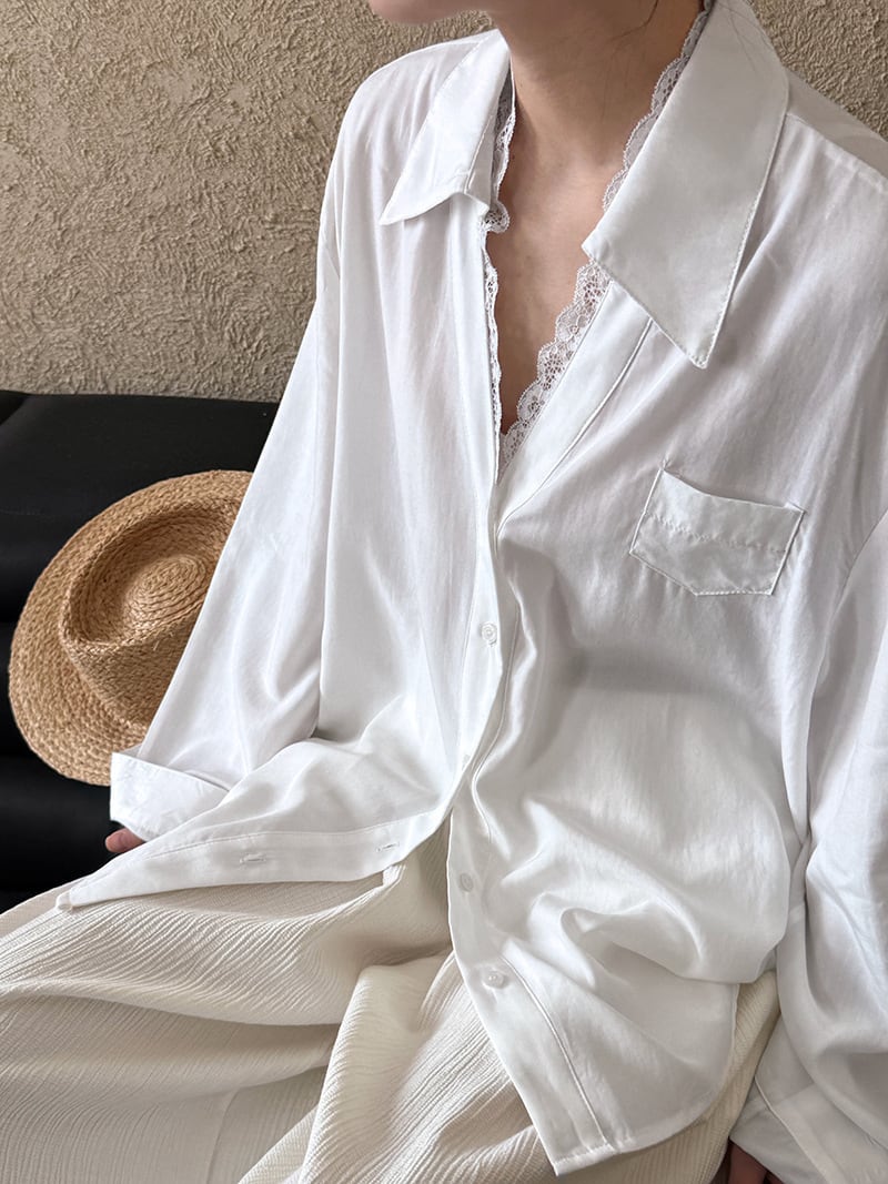 【tops】レース切り替えシャツブラウス　M29946