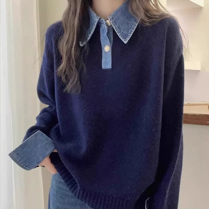 【tops】デニムドッキングニットトップス Q7216