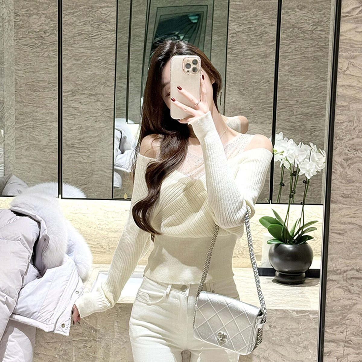 【tops】ラインストーンチュールレイヤードオフショルニット　N3507