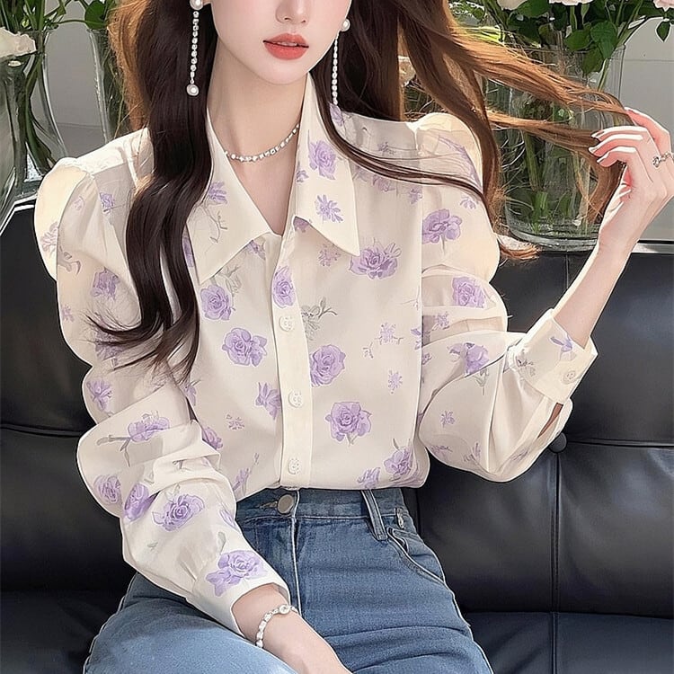 【tops】花柄シャツブラウス　M29508
