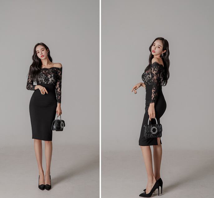 【dress】好感度100％フェミニン韓国風ボートネック長袖人気レース切り替えタイトワンピースF4503