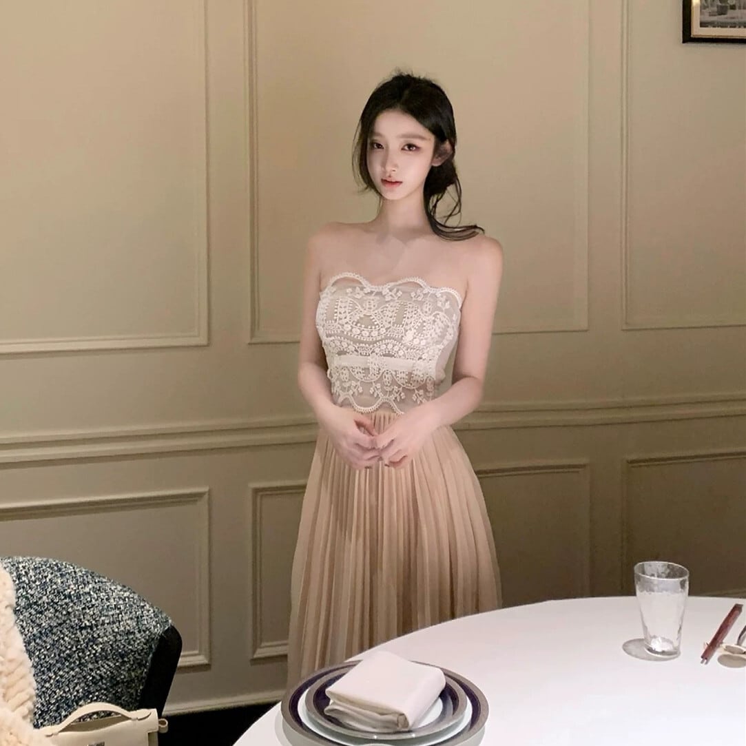 【dress】レースドッキングプリーツロングワンピース N3526