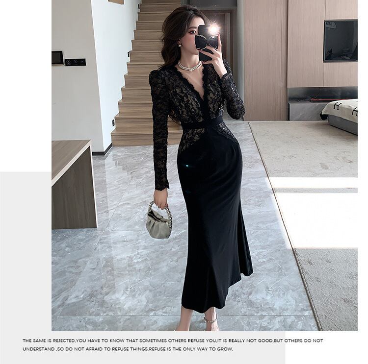 【dress】レース切り替えマーメイドワンピース　M26252