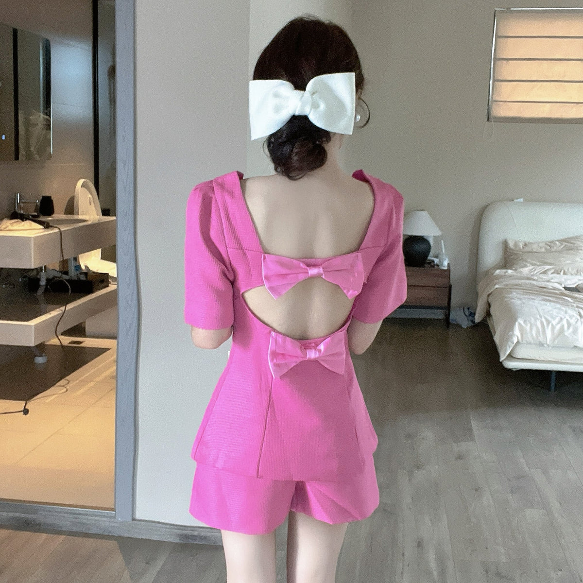 【set】バックリボン付きトップス×ショートパンツセット　M24663
