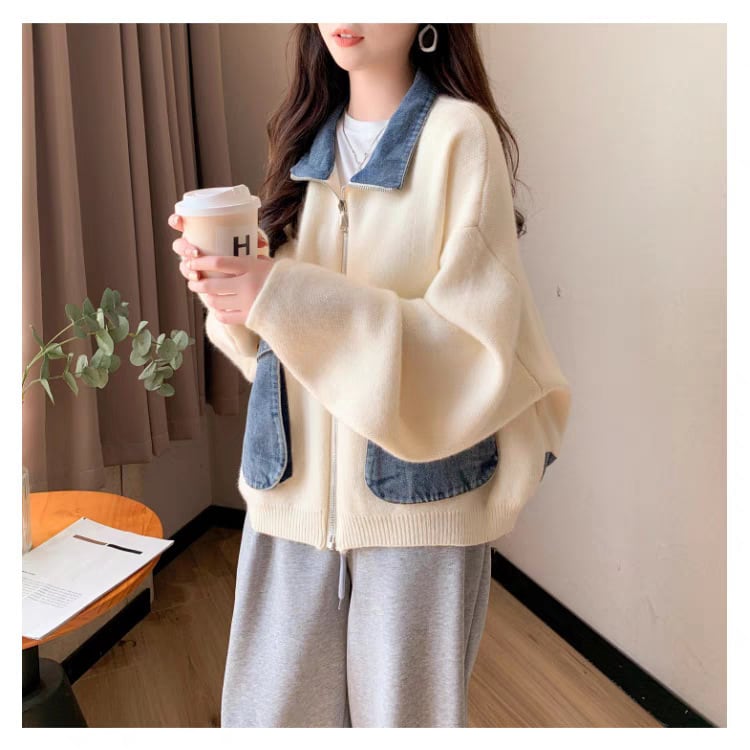 【outer】デニム切り替えニットカーデ　M25745
