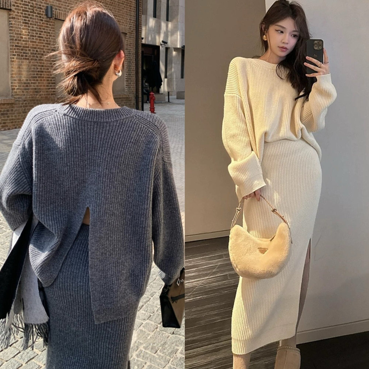 【set】バックスリットニットトップス×スカートセット　N2791