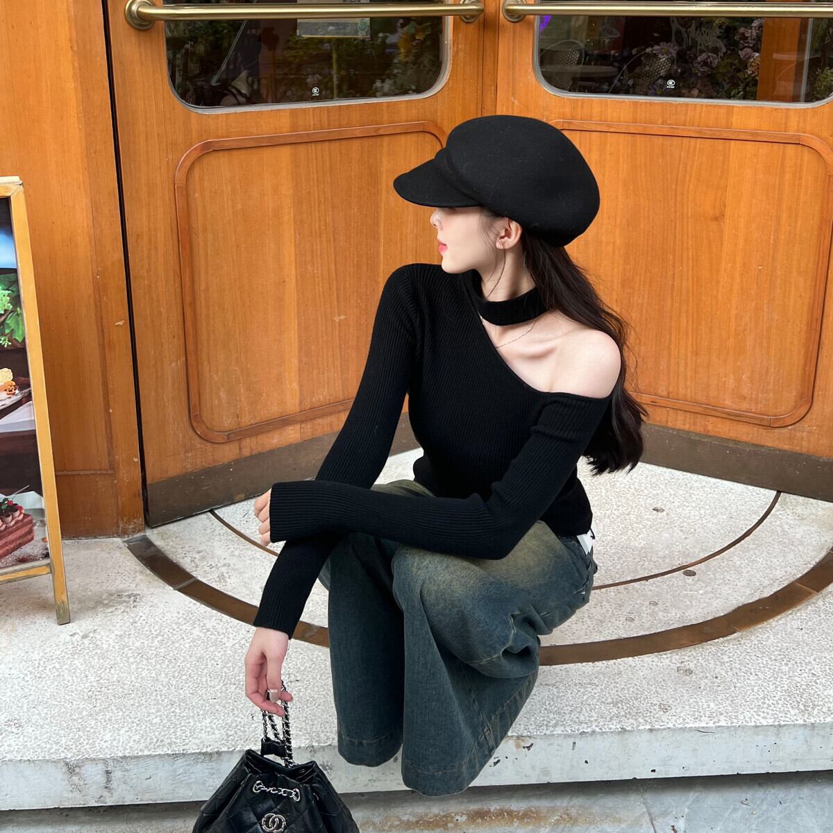 【tops】ワンショルハイネックニットトップス　N2931