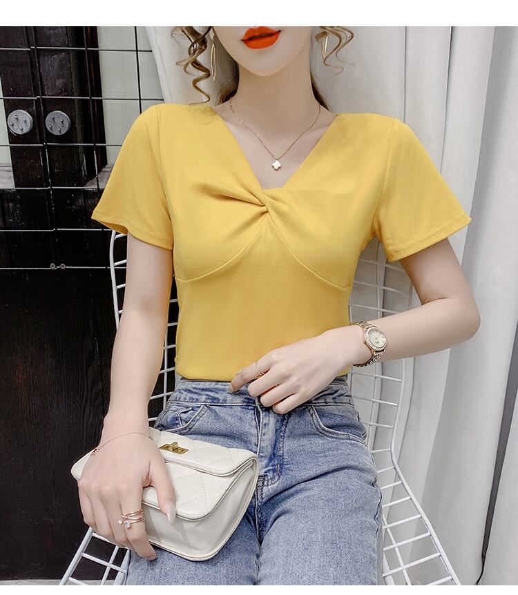 【tops】2色Vネック半袖ファッション無地着回しブラウスF0154