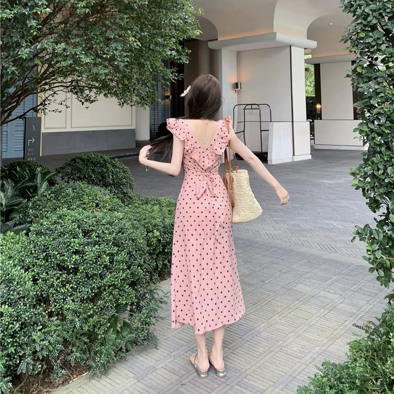 【dress】ギャザーフリルドット柄ロングワンピース Q8509