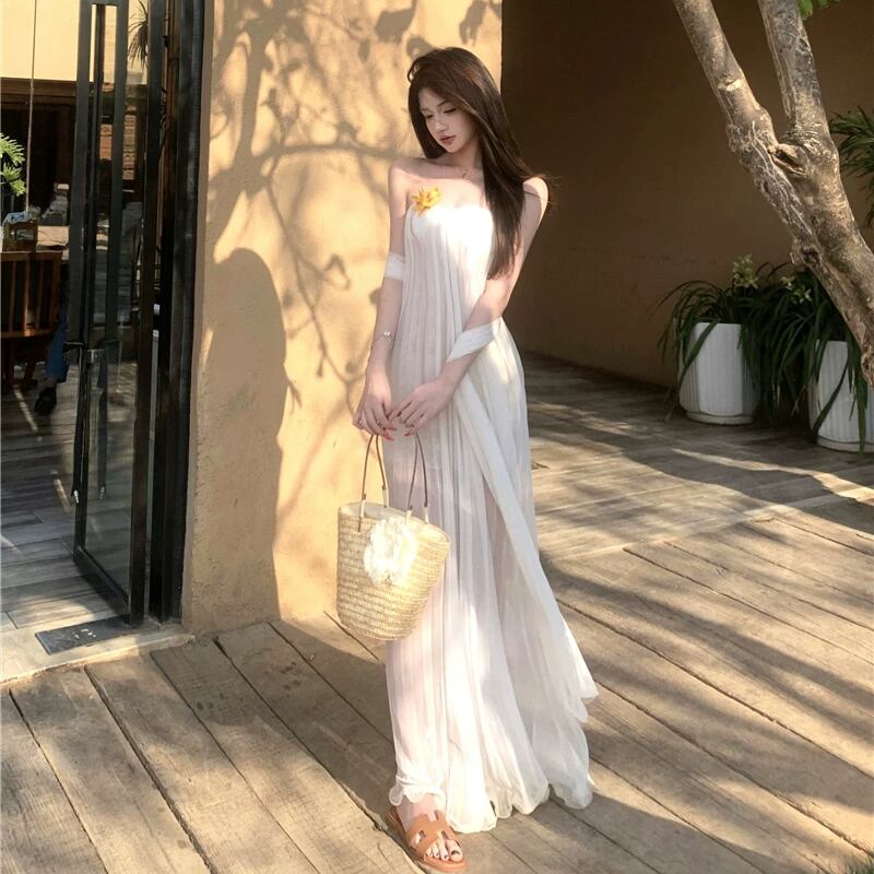 【dress】スカーフ付きシアーチュールチューブワンピース Q8511