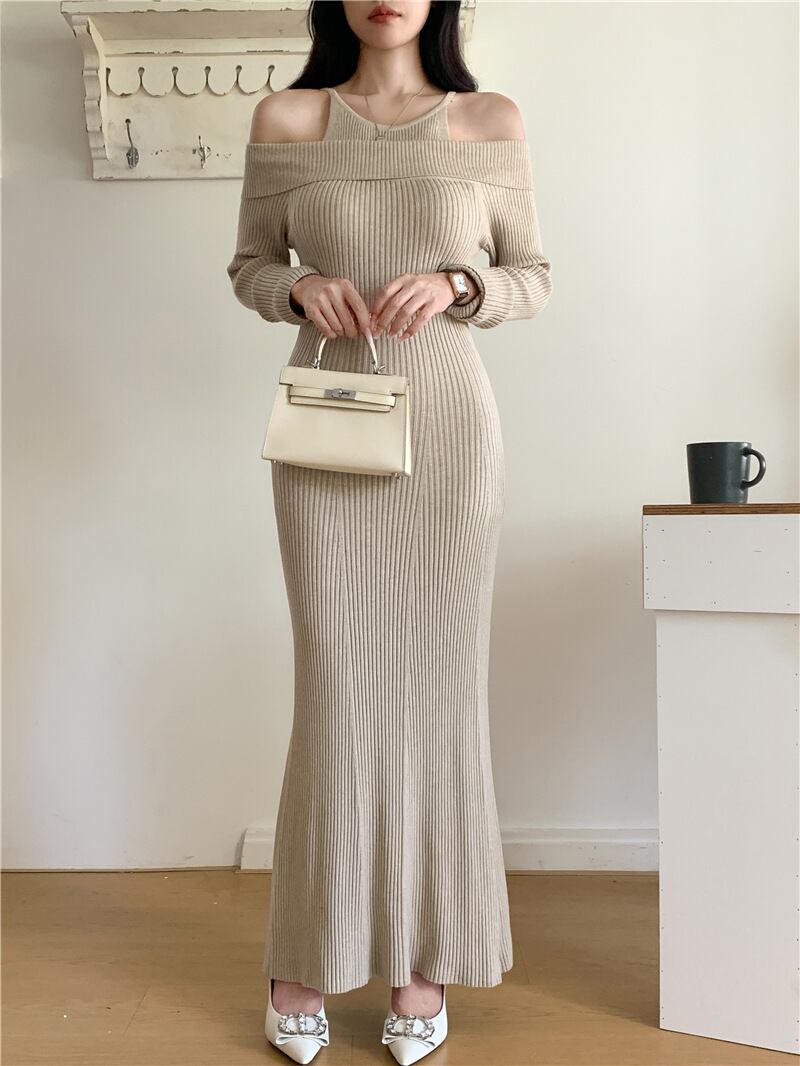 【dress】オフショルダーマーメイドニットワンピース　N2767