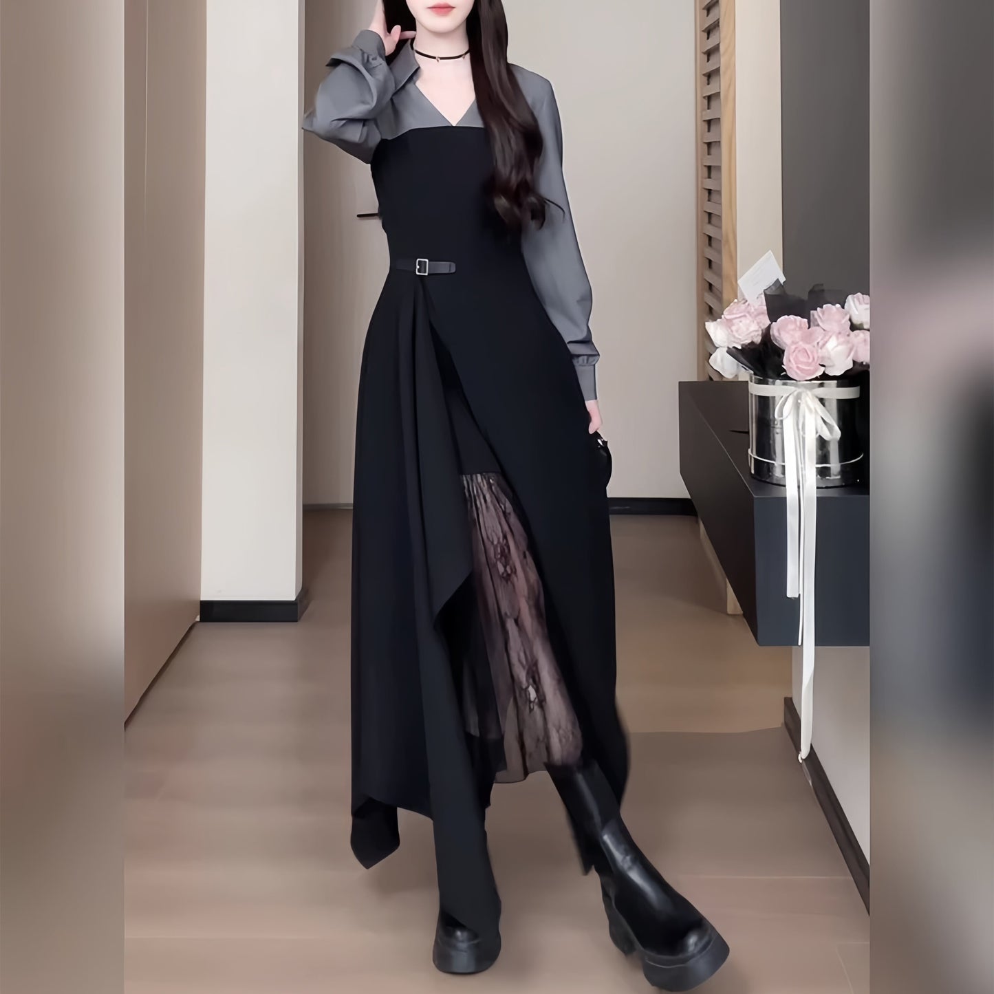 【dress】レースドッキングイレヘムワンピース　N3296