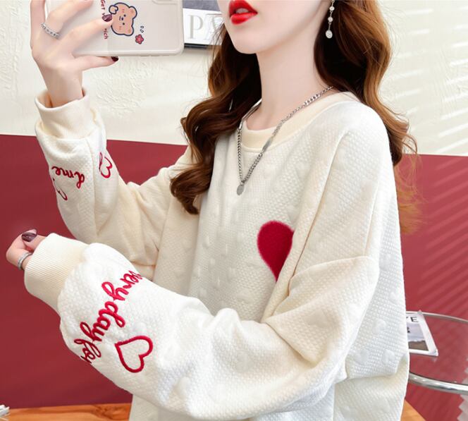【tops】INS風ラウンドネック長袖ハート柄カジュアル薄手パーカーF3574