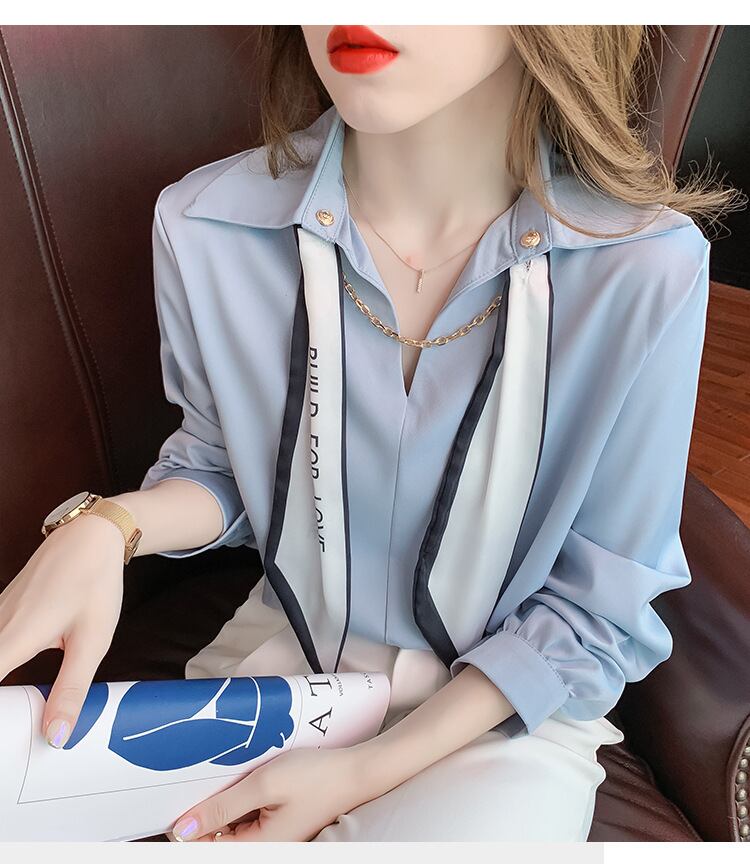 【tops】韓国ファッションラペル長袖無地ファッション着回しOL通勤シャツF0664