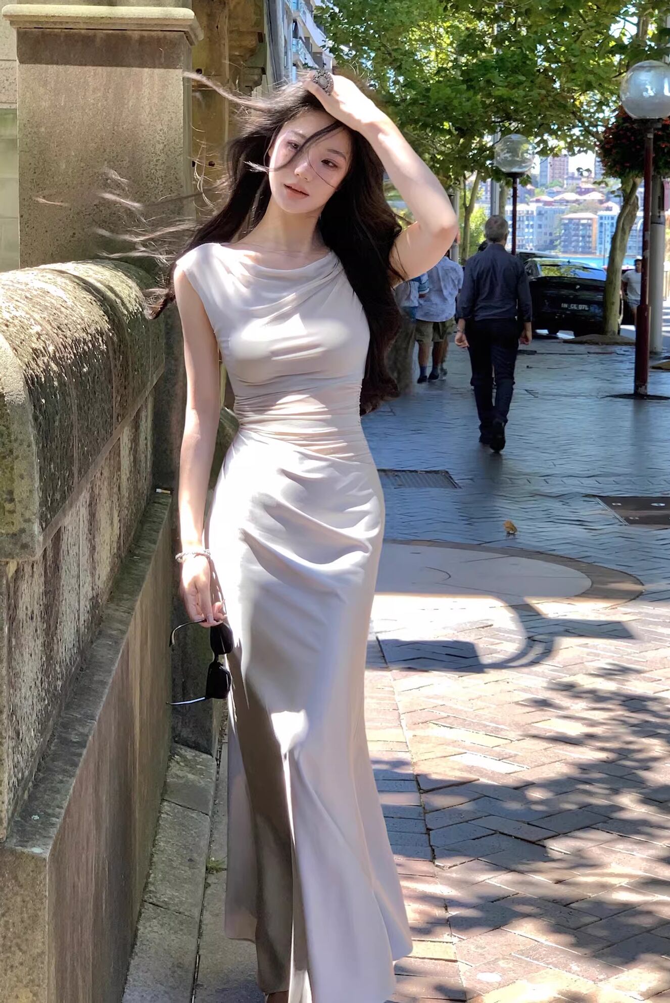 【dress】ノースリーブチュールドッキングロングワンピース Q7988