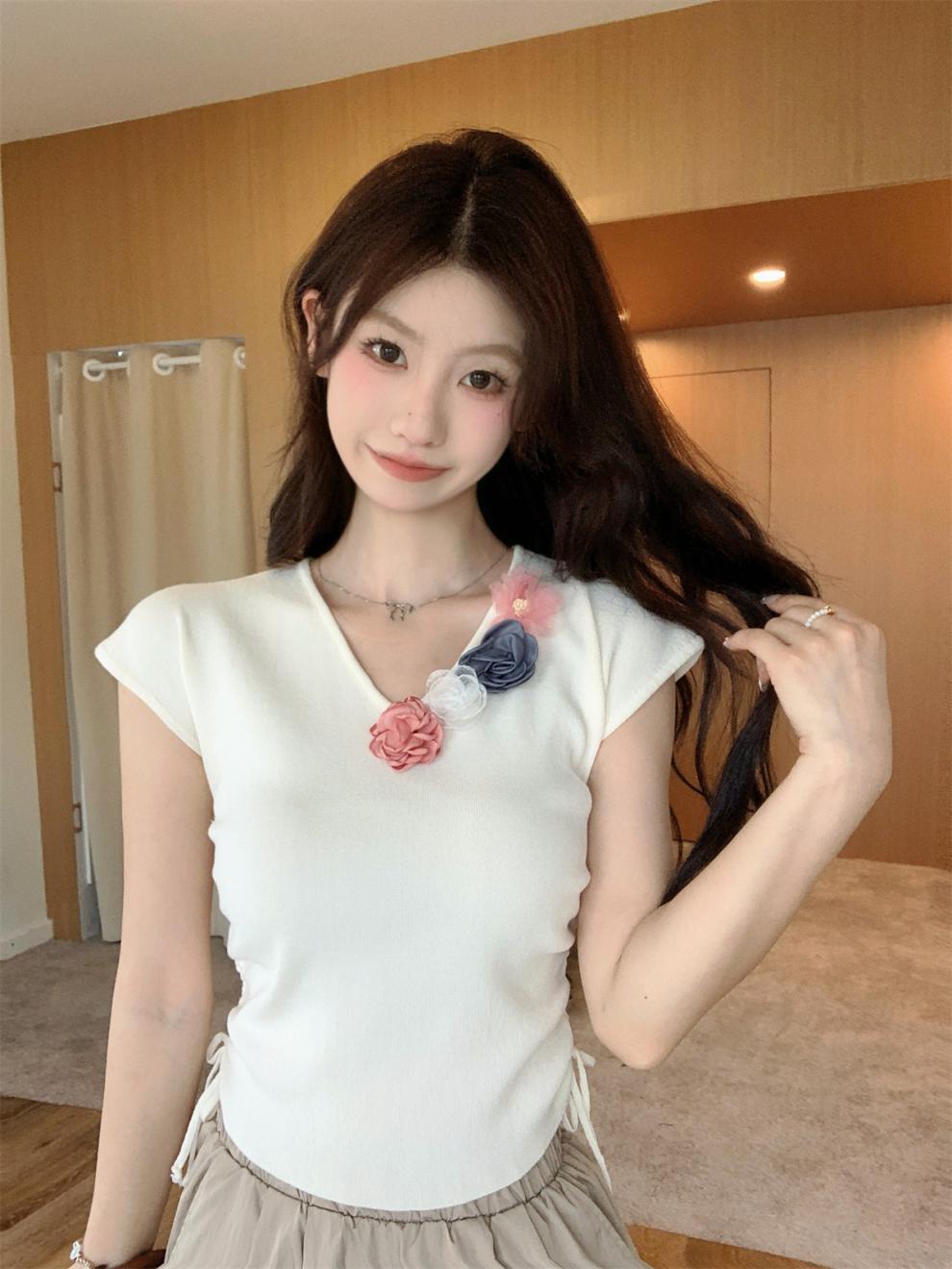 【tops】立体フラワーニットTシャツ　M24271