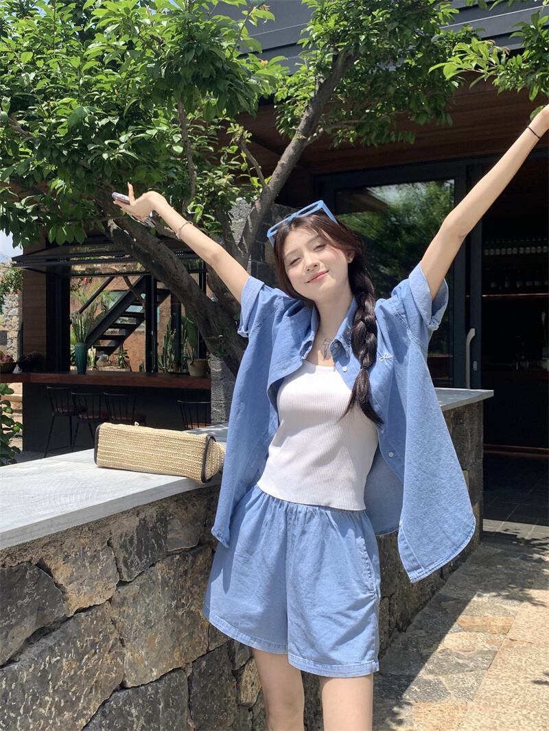 【set】薄手デニムブラウス+ショートパンツ２点セットG21568