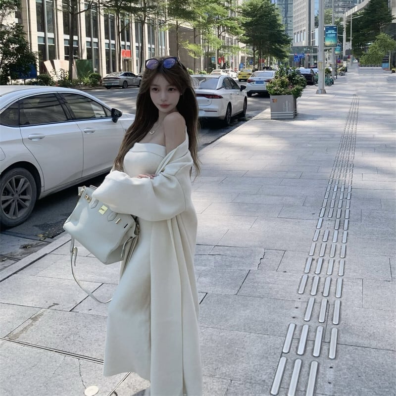 【set】ロング丈カーディガン×ベアトップワンピースセット　N2799