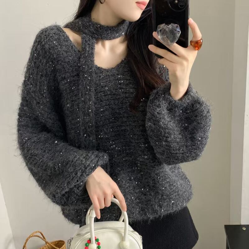 【tops】スカーフ付きニットトップス Q7165