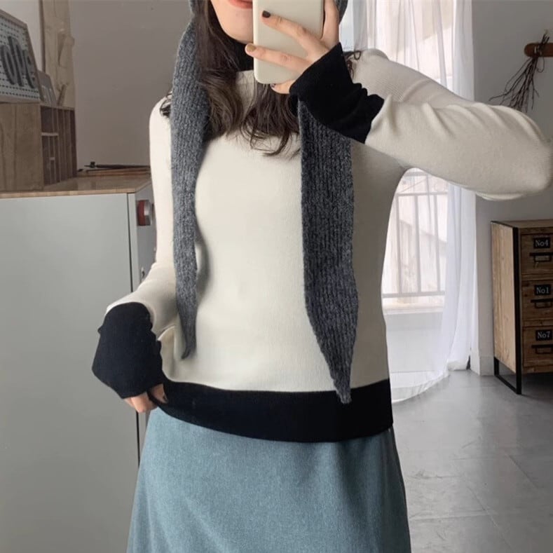 【tops】ハイネック配色ニットトップス　M28613