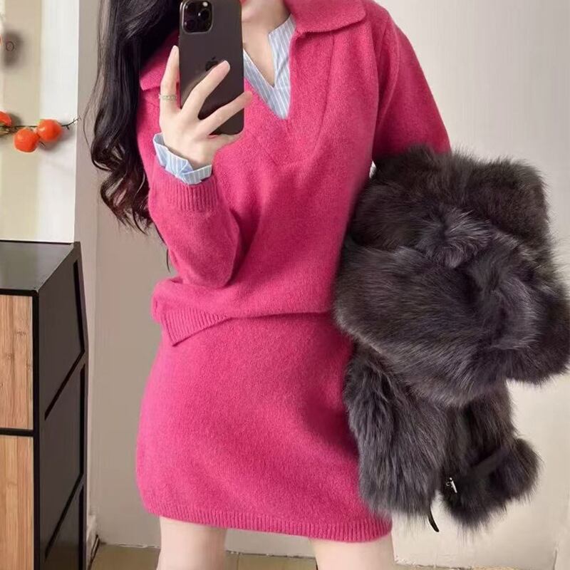 【set】フェイクレイヤードニットトップス×ストレートスカートセット Q7661