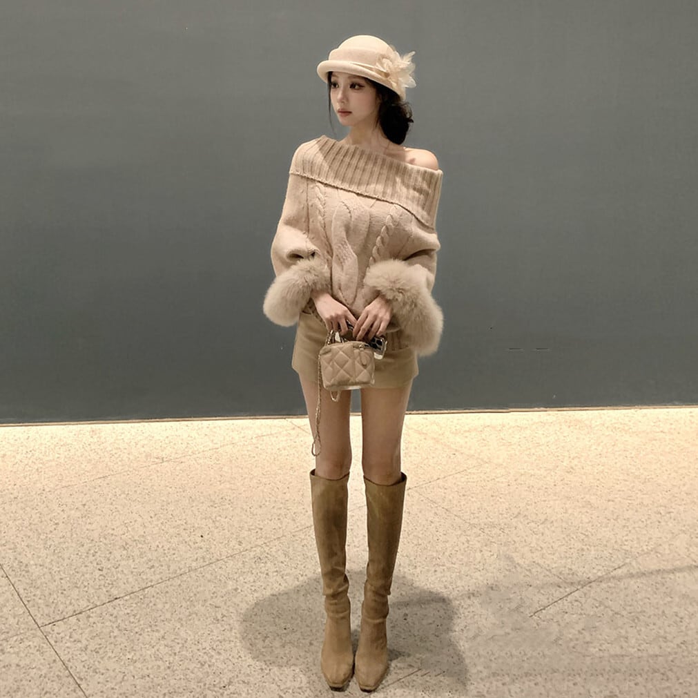 【tops】2WAY袖ファーオフショルニットトップス　N3378