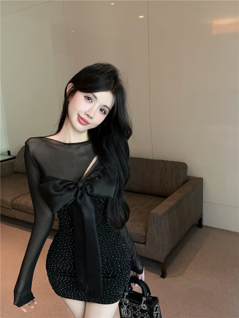 【dress】チュールコンビビジューリボン付きワンピース　M29784