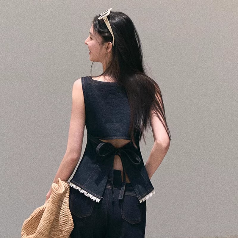 【tops】バックオーポンレースドッキングデニムキャミソール Q8472