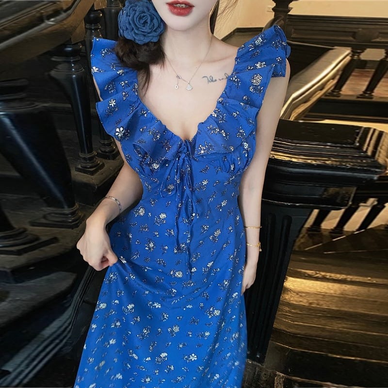 【dress】Vネック花柄海旅行ワンピース G21519