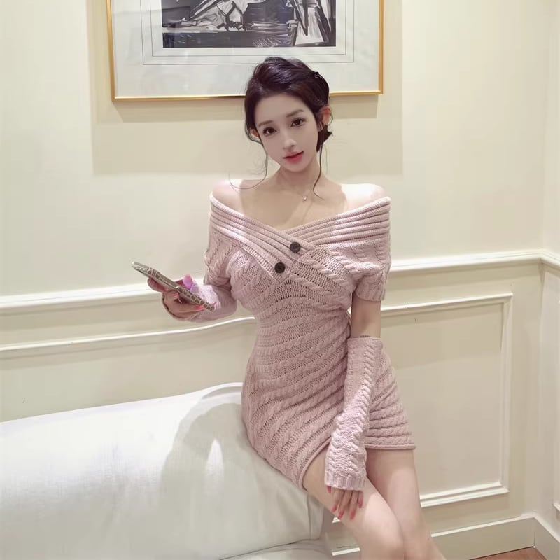 【dress】アームウォーマ付きクロスネックニットワンピース Q7850