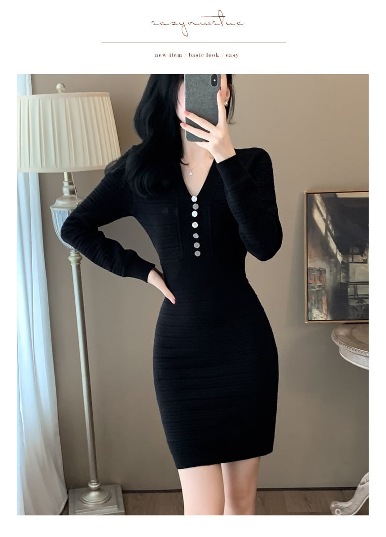 【dress】Vネックニットワンピース　M25346