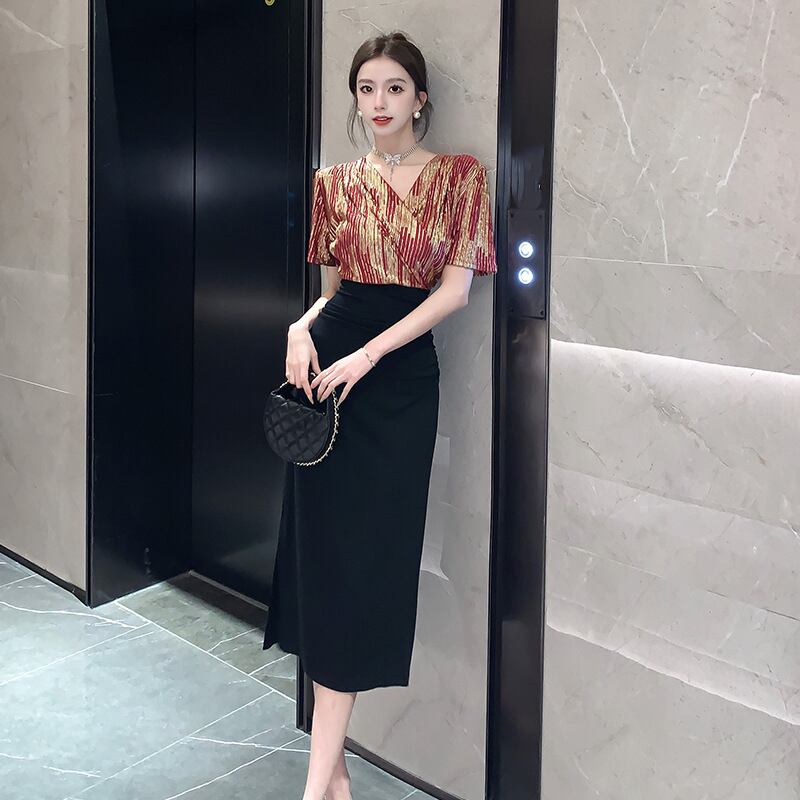 【dress】Vネック切り替えスリットワンピース G21104