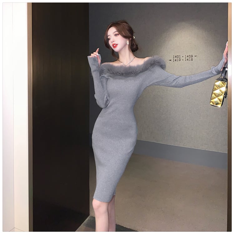 【dress】フェザーオフショルダーニットワンピース　M17993