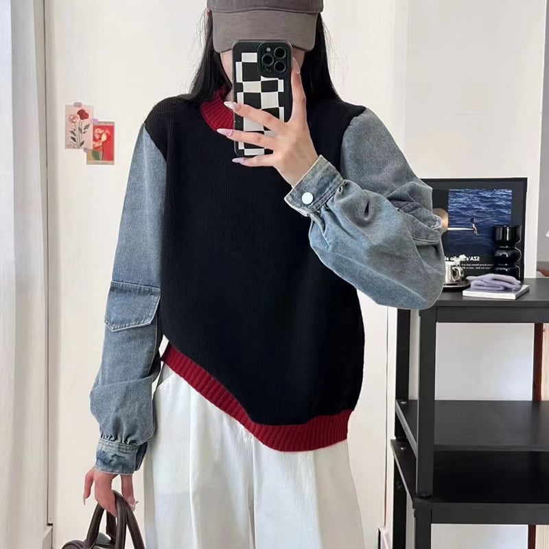 【tops】デニム袖ドッキングセーター Q6372