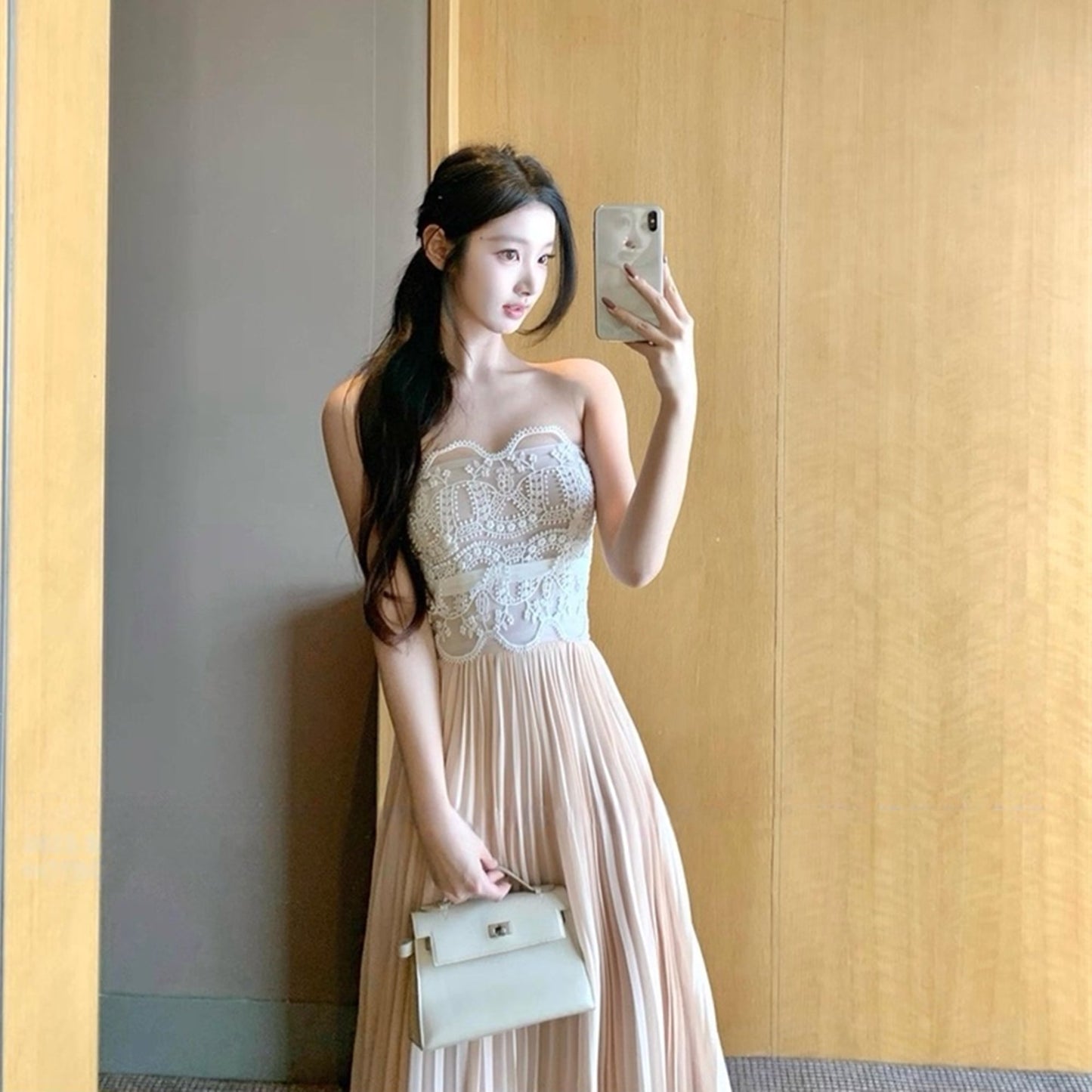 【dress】レースドッキングプリーツロングワンピース N3526