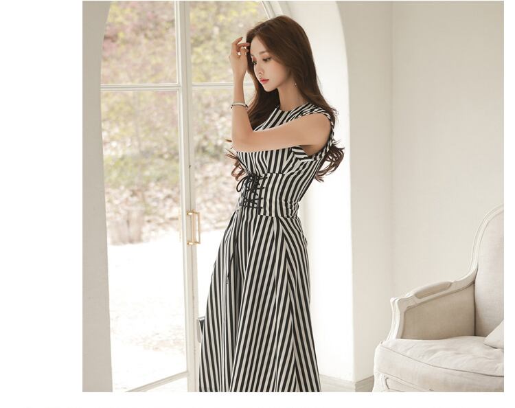 【dress】夏好感度UP!韓国風気質満点レトロラウンドネックストライプ柄ワンピース