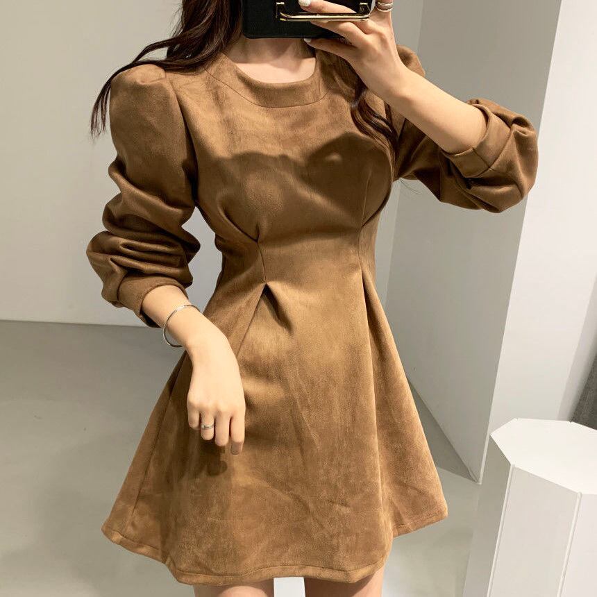 【dress】オシャレ度満点〜2色長袖ラウンドネックAライン韓国ファッション無地秋冬新作ワンピースF0786