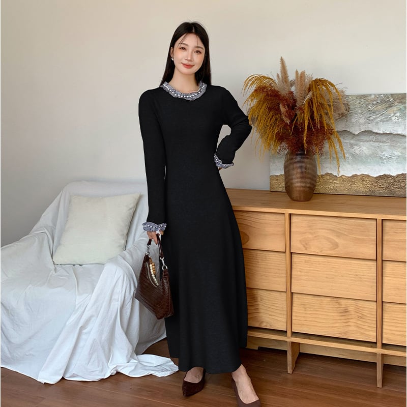 【dress】パール付きニットワンピース Q7053