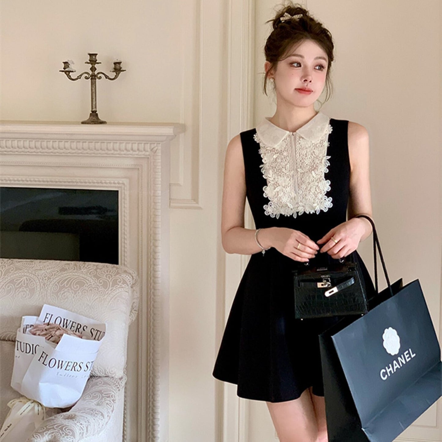 【dress】レースドッキングノースリーブミニワンピース　N2997